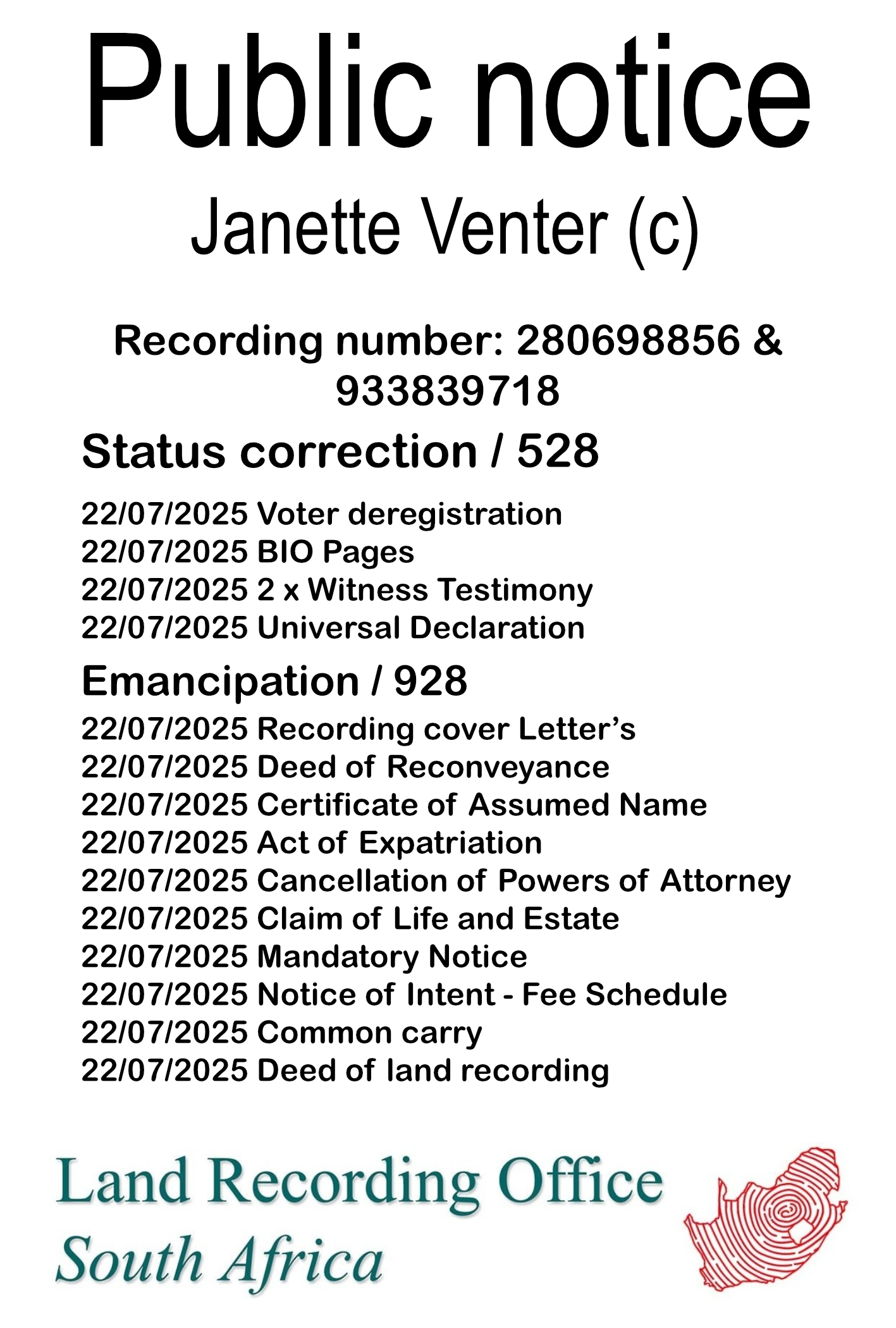 Public notice Janette Venter Recording number 280698856 & 933839718